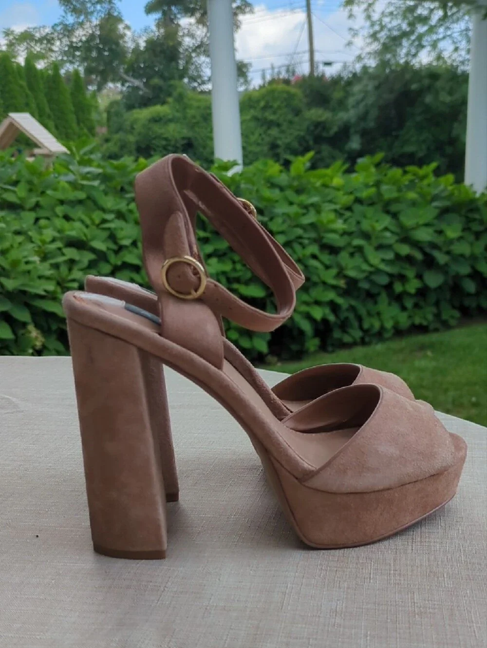 Aqua Nude Suede Platform Heels with Ankle Strap